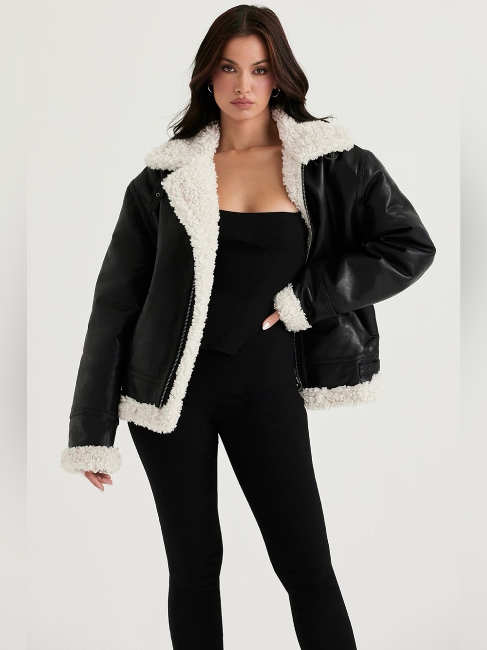 House of CB Madden Black Vegan Shearling Cozy Buckle Aviator Jacket